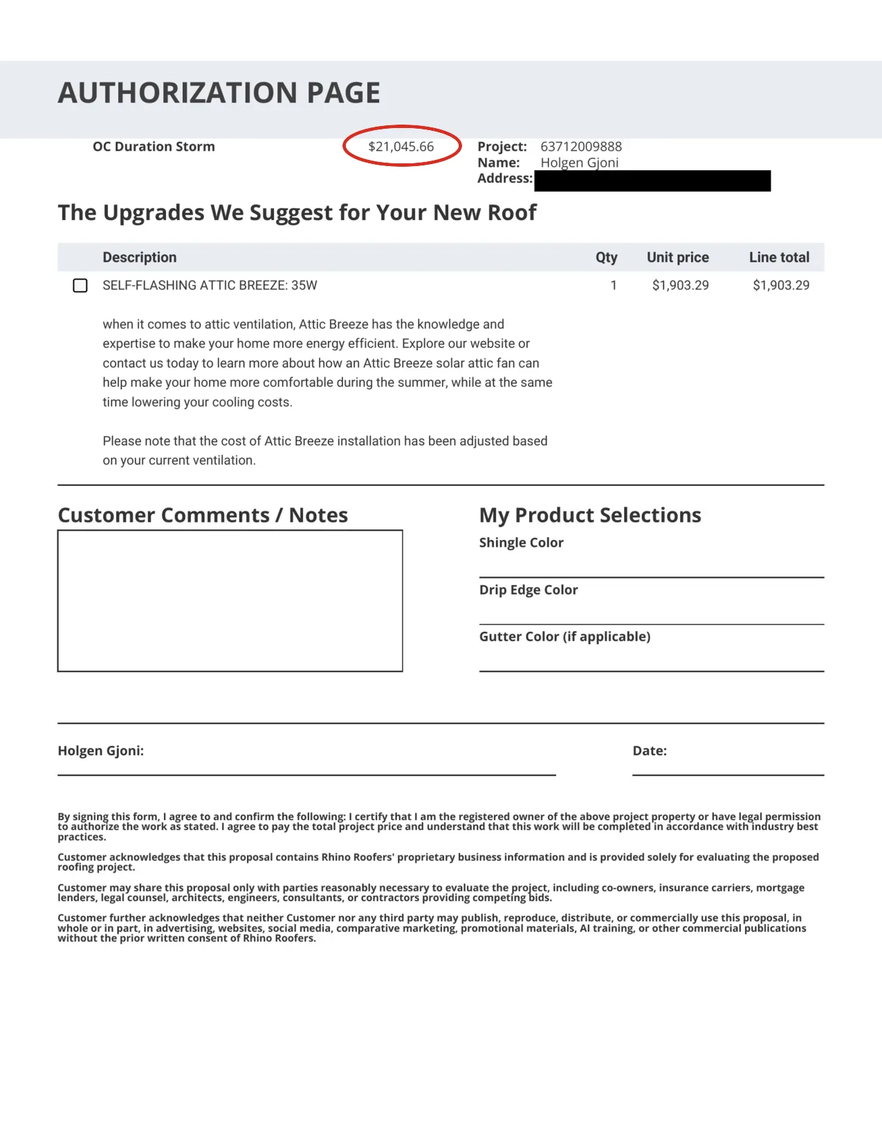 Rhino Roofers quote authorization page — $21,045.66 for an Owens Corning Duration Storm Class 4 roof replacement in Stone Oak, San Antonio (redacted)