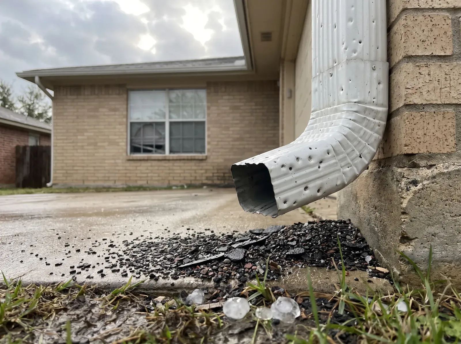 Hail damage roof inspection in San Antonio: dented downspout with shingle granules and hailstones on the ground