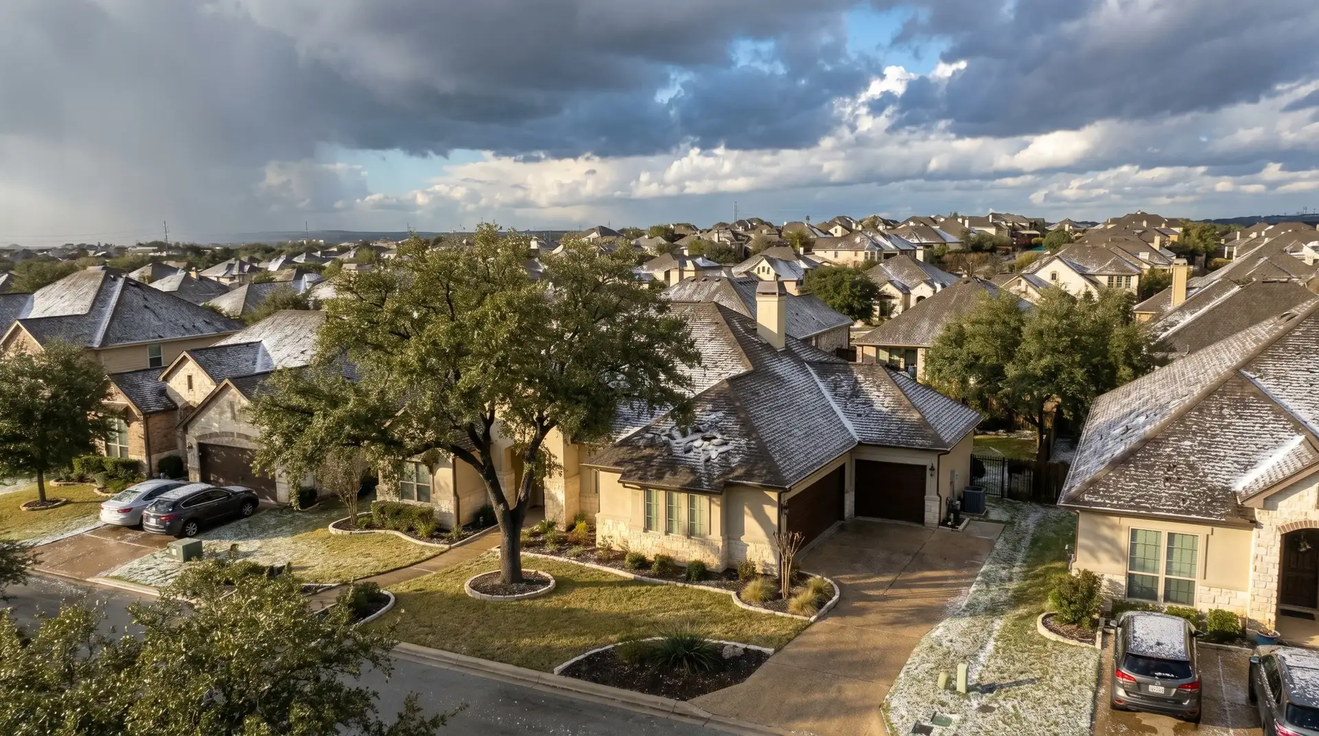 Hail damage roof replacement San Antonio, neighborhood after a hailstorm
