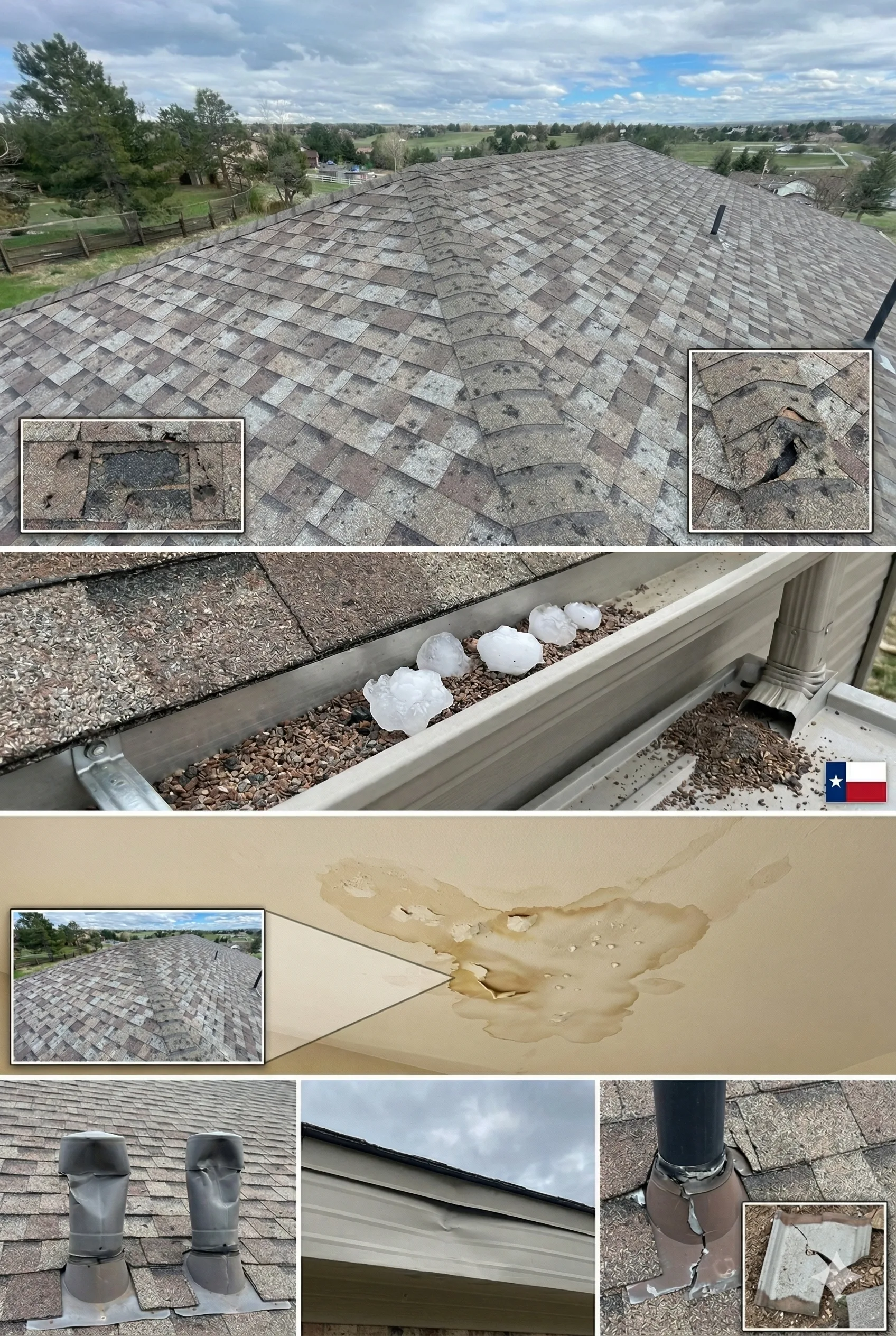 Post-hail storm roof damage guide showing granule loss, gutter accumulation, water stains, and dented metalwork