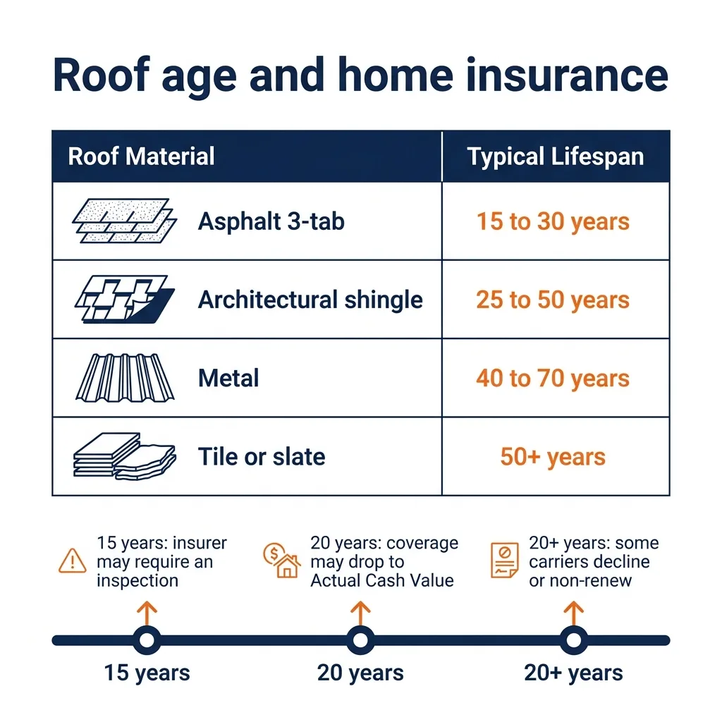Roof age and home insurance limits by shingle type in Texas