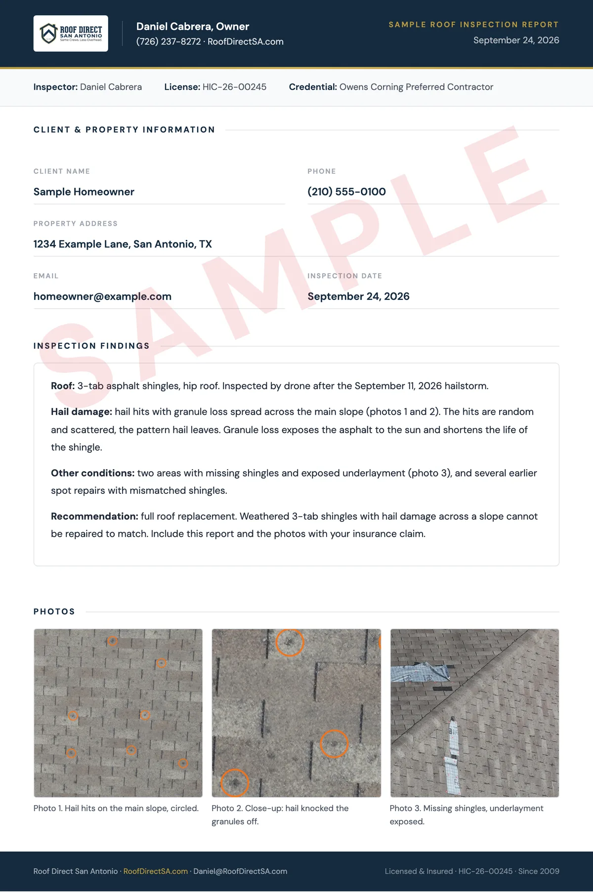 Sample written roof damage report from a hail inspection, with the hail hits circled in the photos
