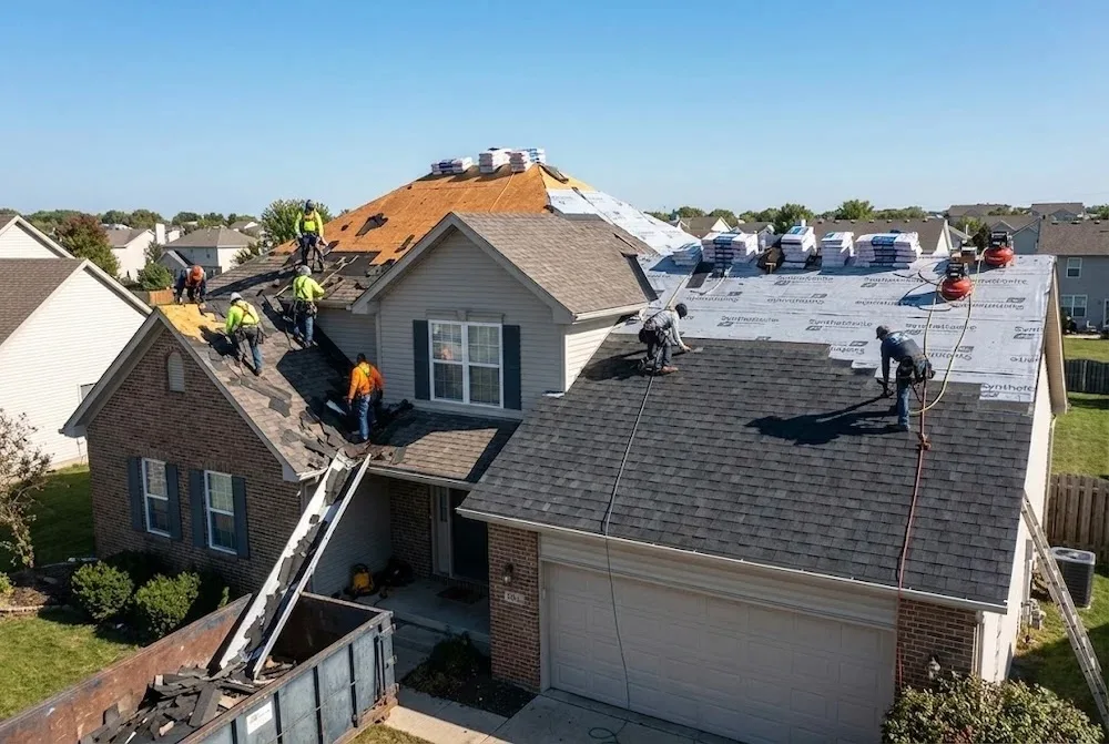 Roof Direct San Antonio crew installing new shingles after storm damage, aerial view