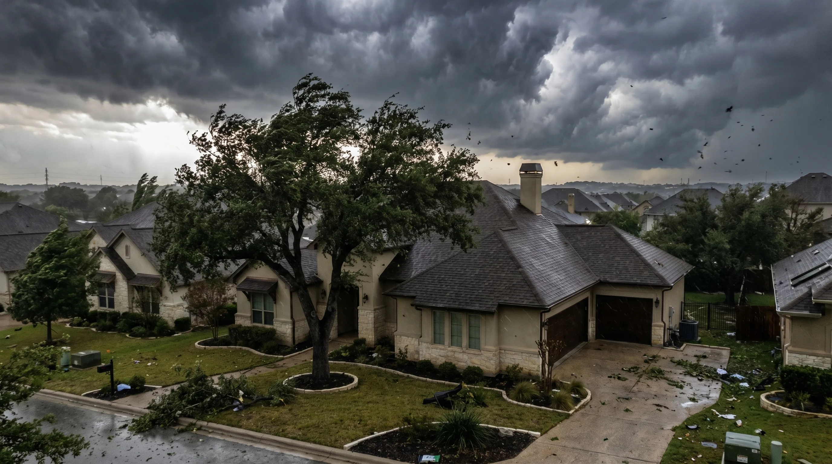 Storm damage roof replacement San Antonio — neighborhood during severe storm