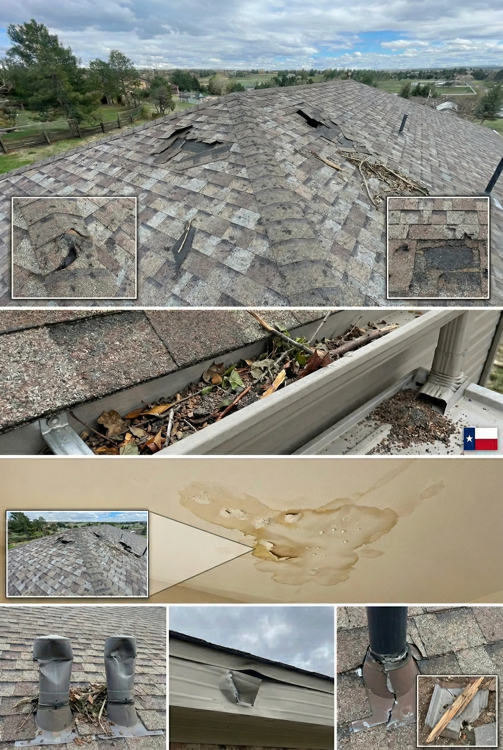 Storm damage to roof — lifted shingles, debris in gutters, water stains, and damaged flashing