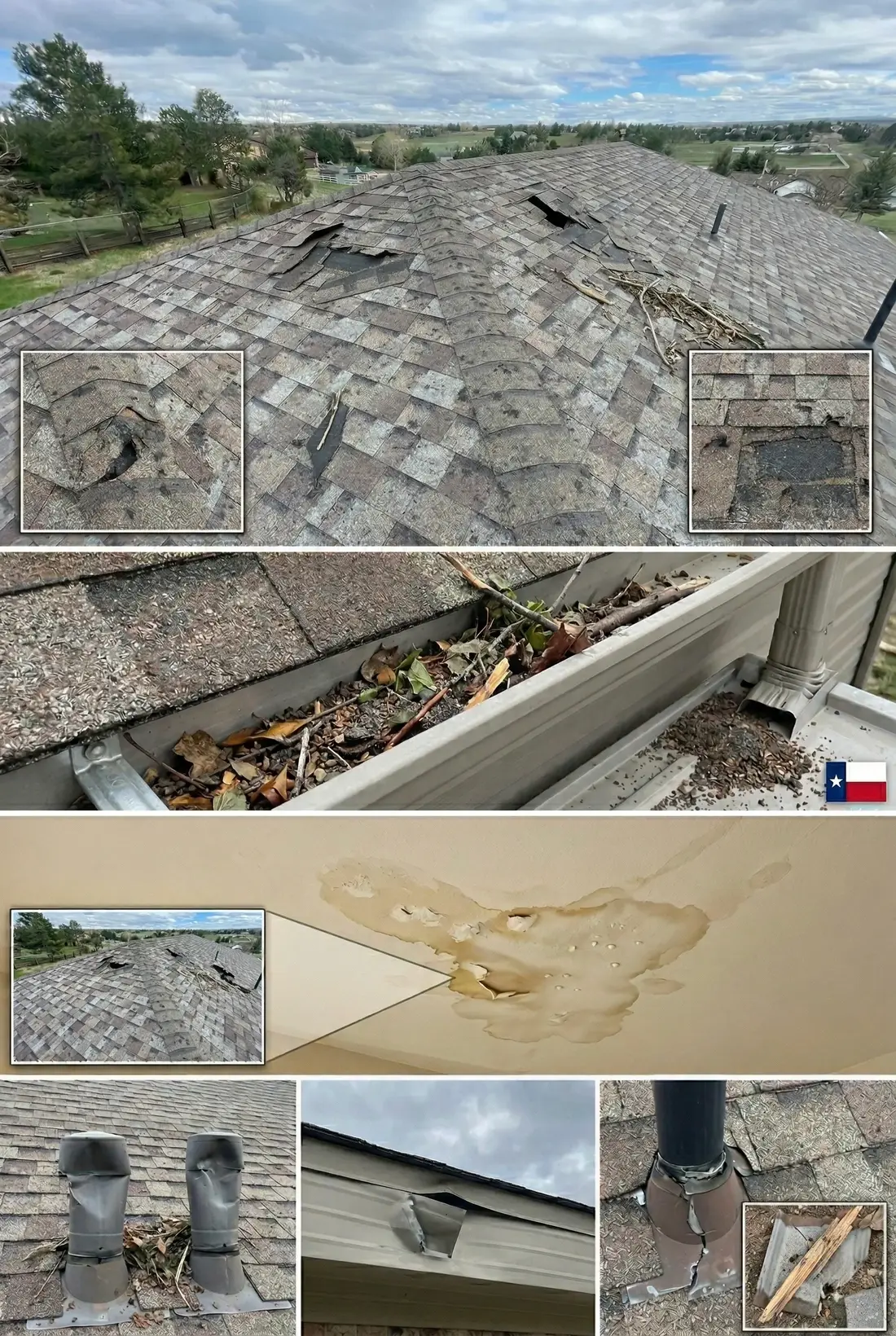 What storm damage does to a roof: lifted shingles, debris in the gutters, water stains and damaged flashing