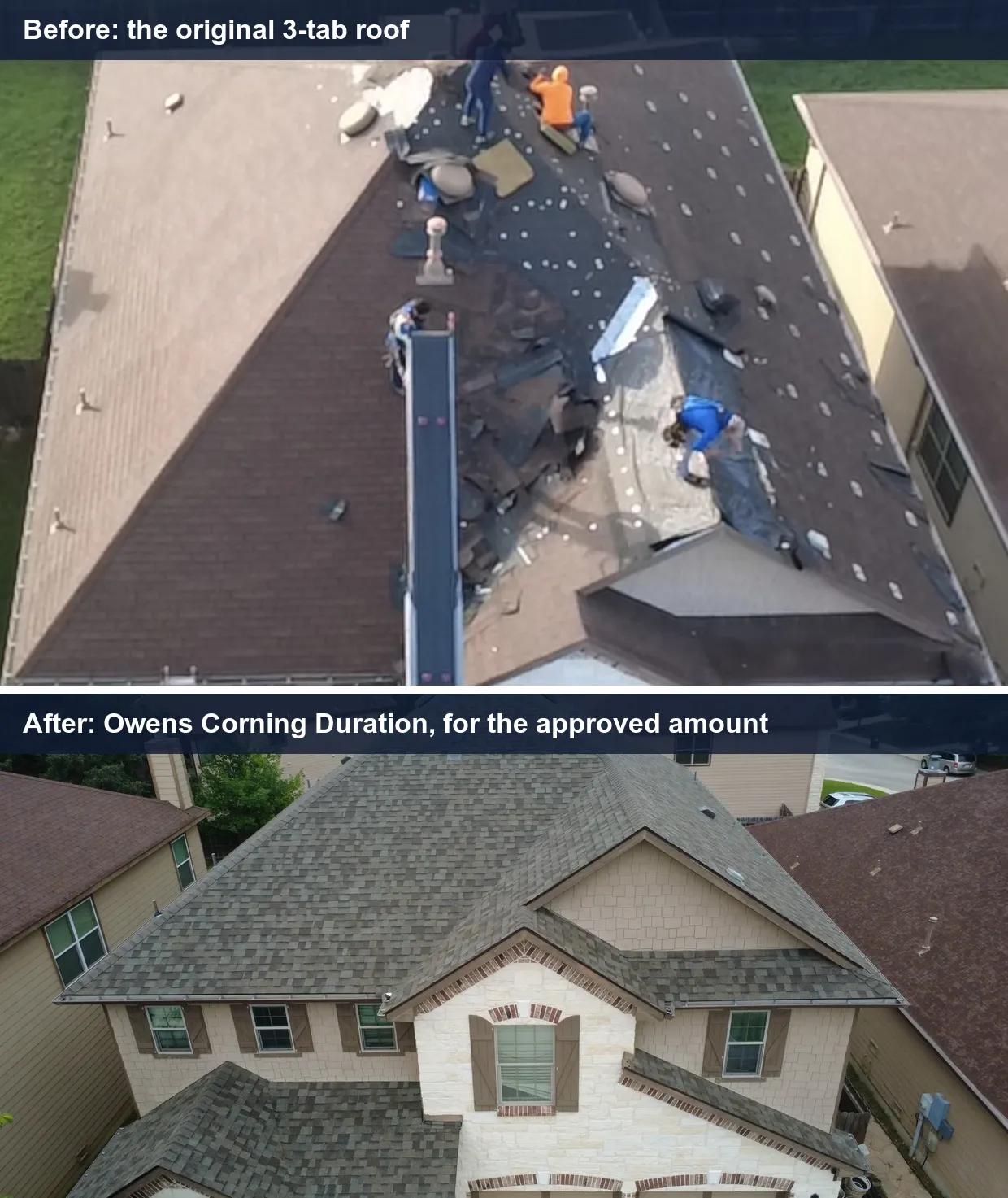 Wind claim approved in San Antonio: the original 3-tab roof at tear-off, then Owens Corning Duration installed for the approved amount