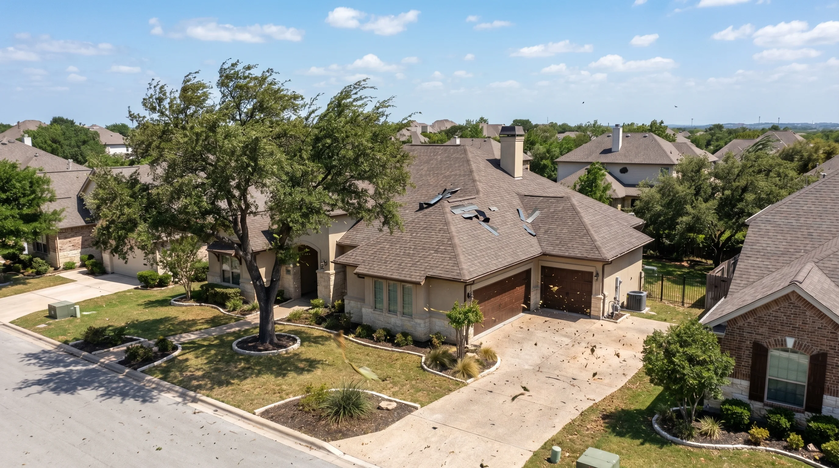 Wind damage roof replacement San Antonio — lifted shingles and debris after high winds