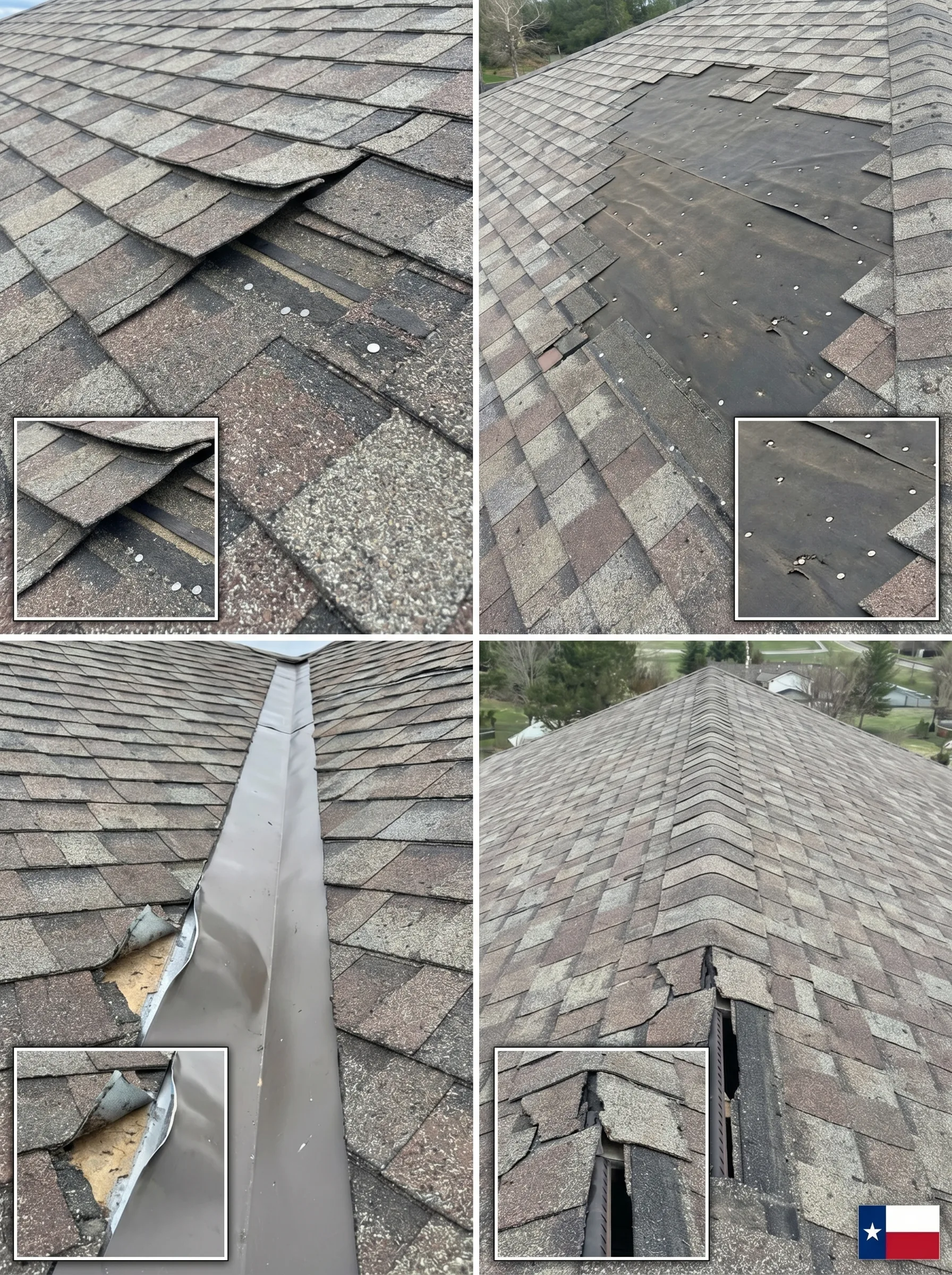 Wind damage to roof — lifted shingles, exposed nails, peeled flashing, and damaged ridge caps