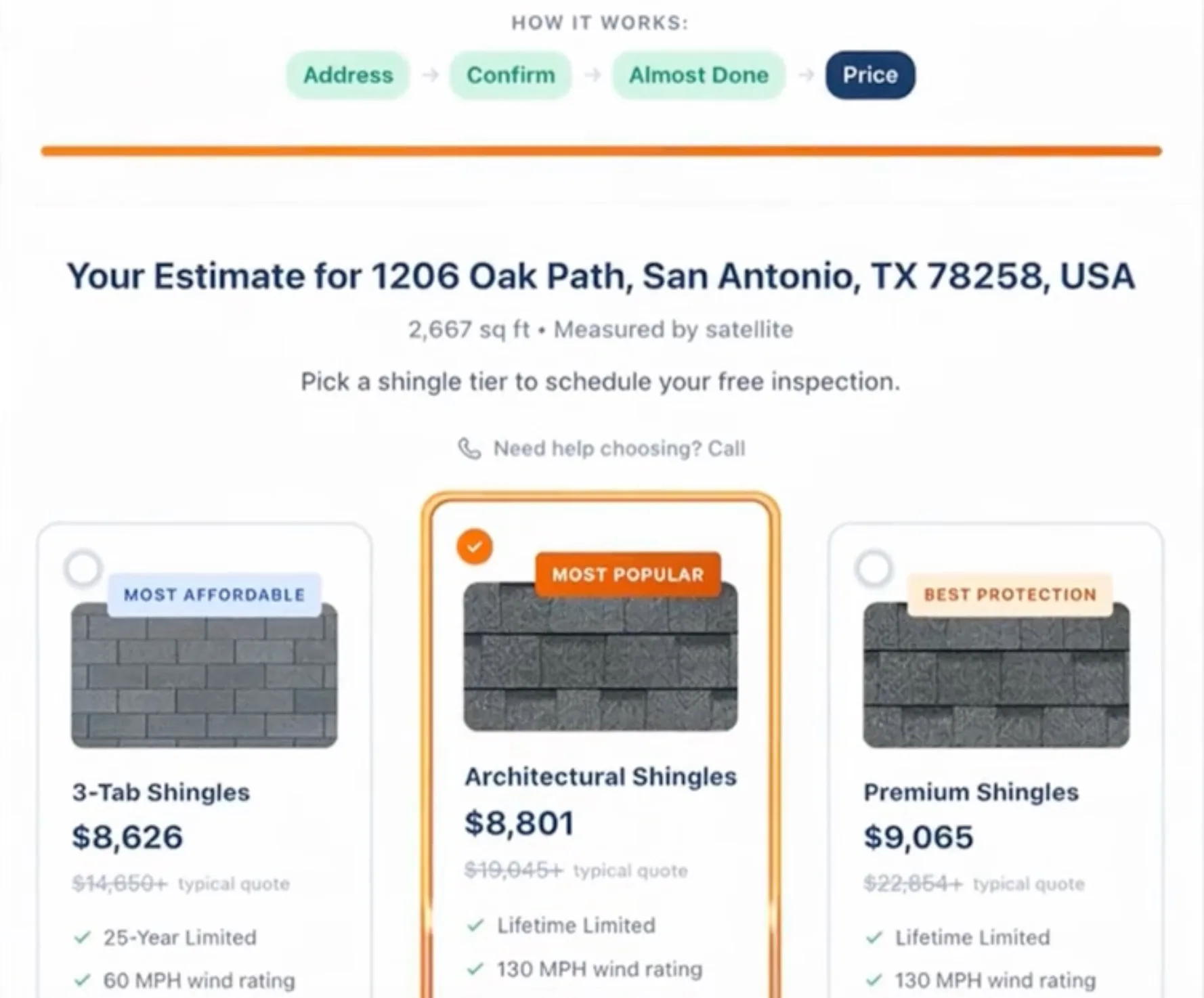 Roof replacement pricing estimate showing three Owens Corning shingle tier options