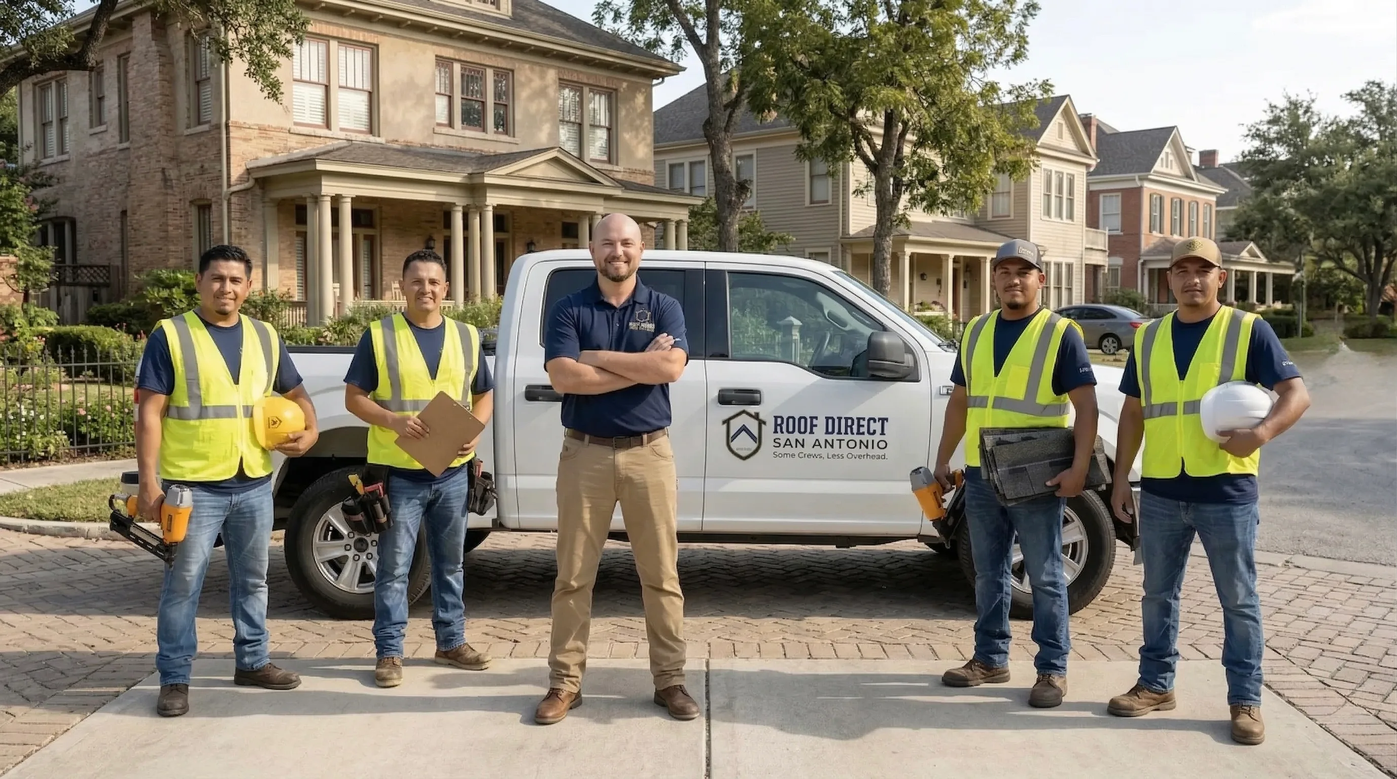 Affordable roof replacement in San Antonio — Roof Direct SA owner and crew with branded truck