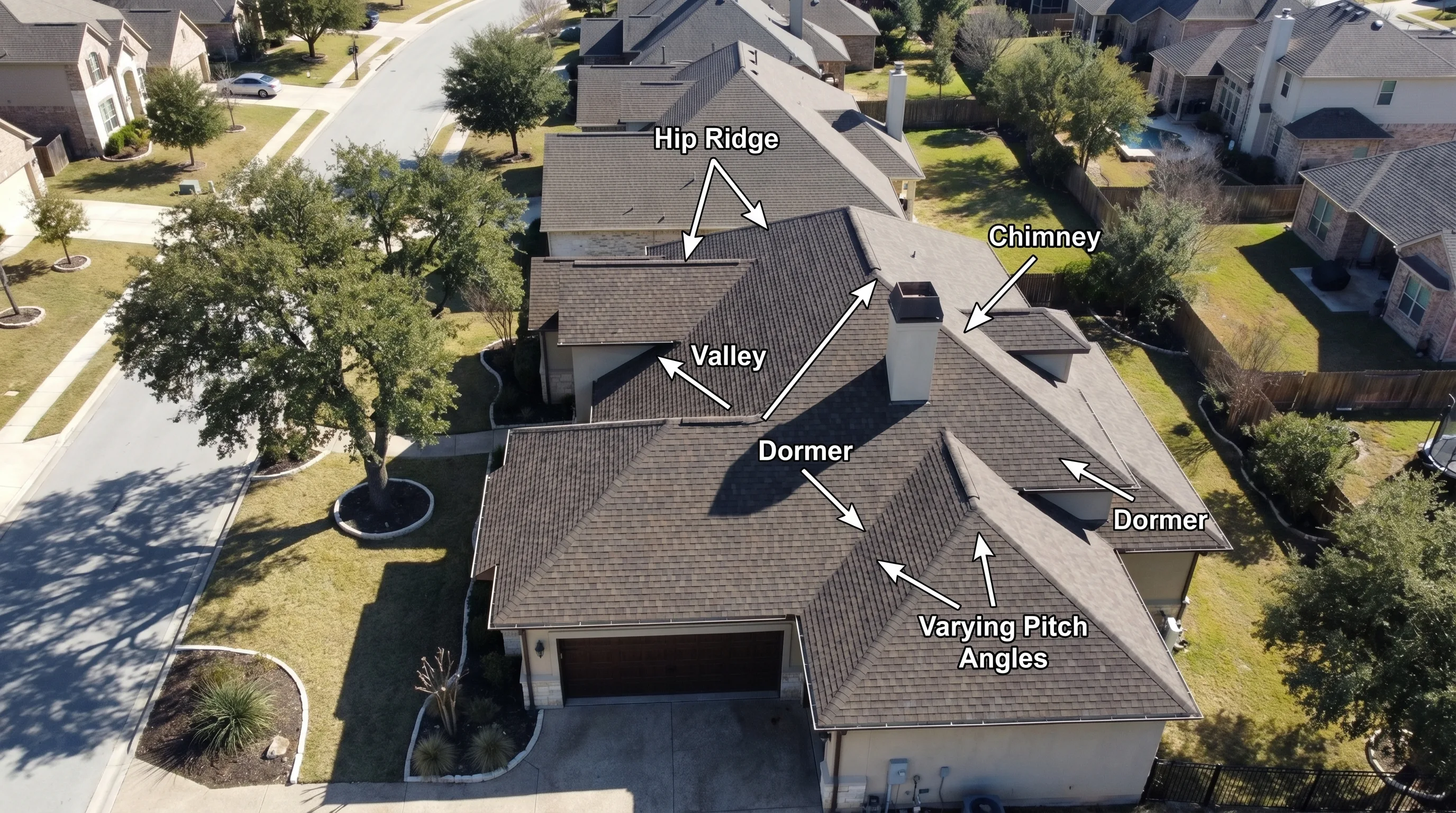 Aerial view of a residential roof showing hip ridges, valleys, dormers, and varying pitch angles that affect replacement cost