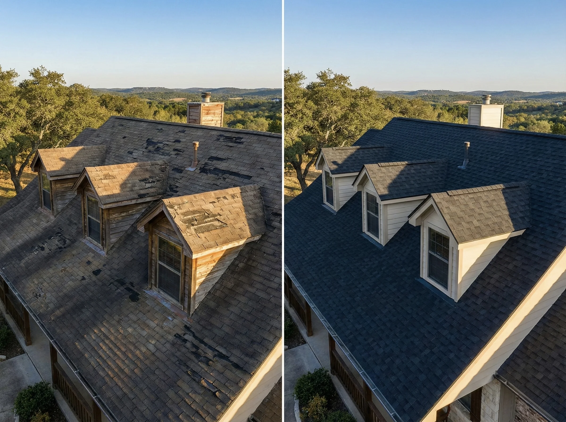 Before and after roof replacement in Helotes — damaged roof vs new Owens Corning shingles