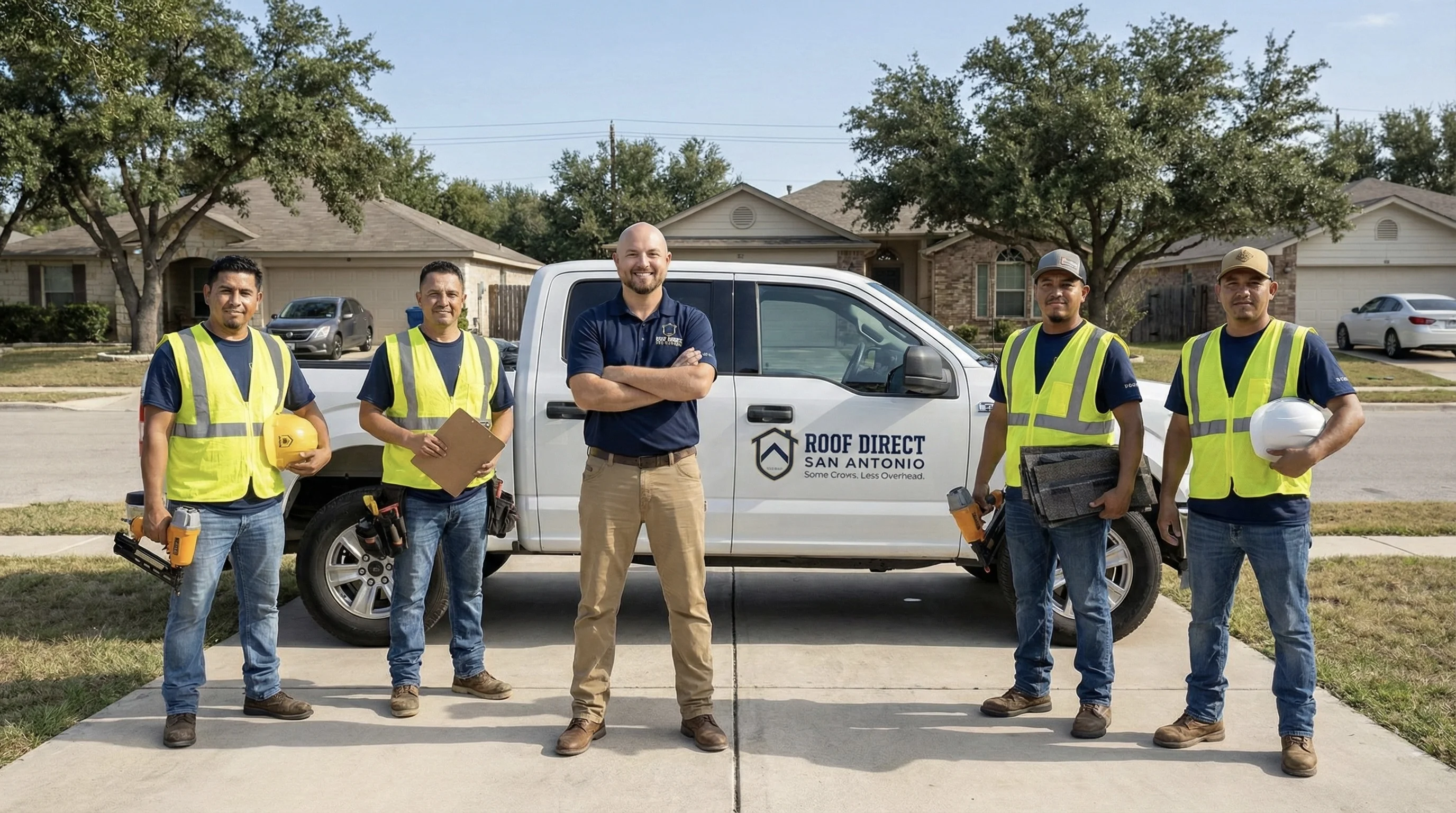 Roof Direct SA owner and full crew with branded truck in San Antonio