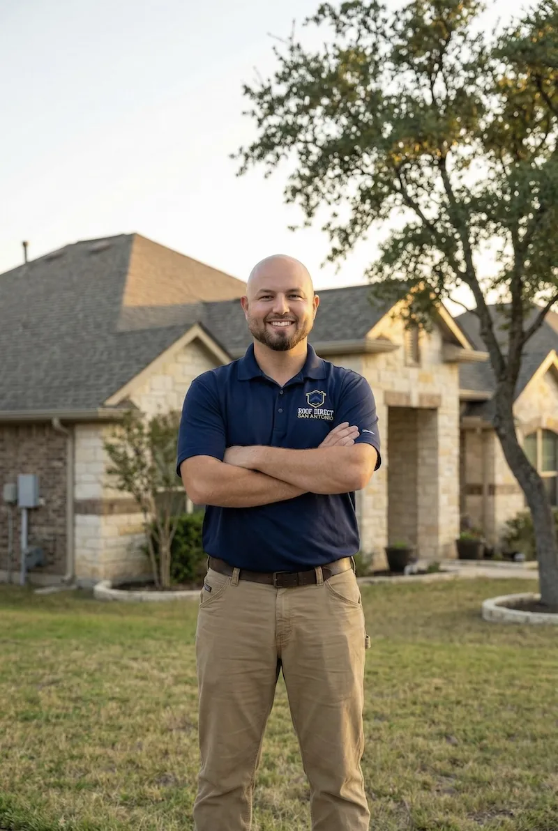 Portrait of the Roof Direct San Antonio owner standing in front of a residential home with a newly installed roof