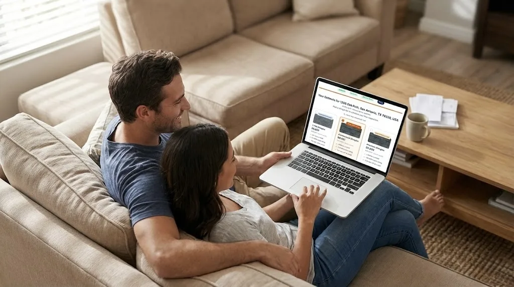 San Antonio couple comparing 3 Owens Corning shingle pricing tiers on laptop using Roof Direct SA instant satellite roof estimate from their couch