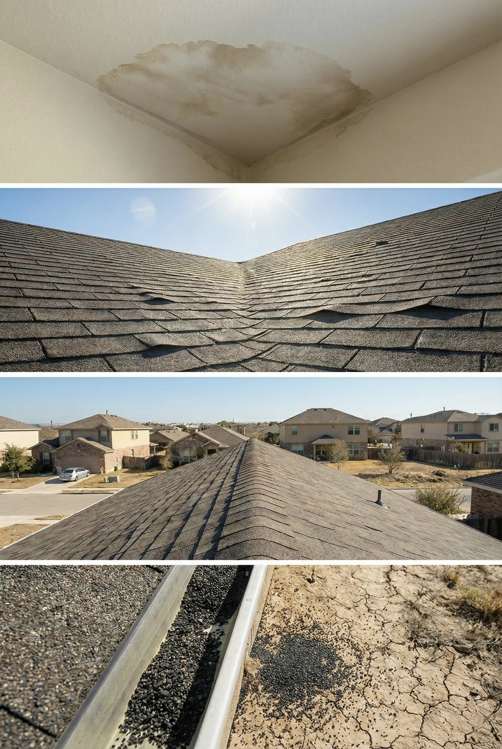 Roof damage warning signs on a San Antonio home showing curling shingles and missing granules