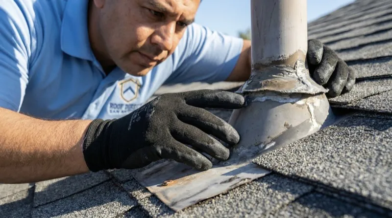 Roof Direct San Antonio inspector closely examining vent pipe flashing during comprehensive 25-point roof inspection