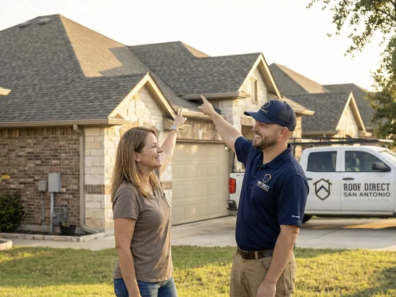 Roof Direct San Antonio contractor and happy homeowner reviewing completed roof replacement together during final walkthrough