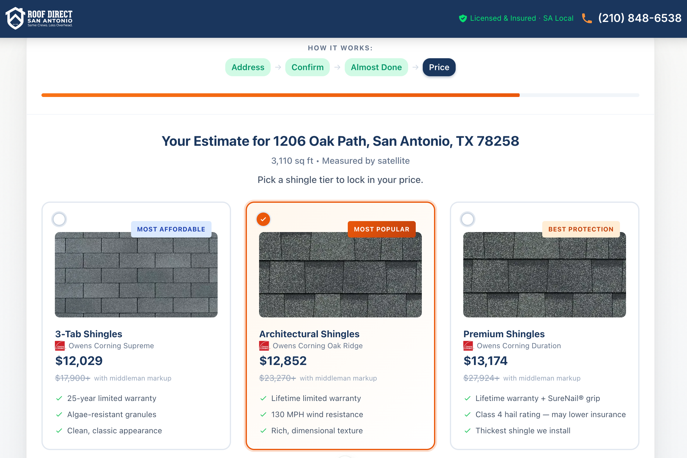 Roof Direct SA instant roof replacement pricing — 3 Owens Corning shingle tiers with exact costs in San Antonio