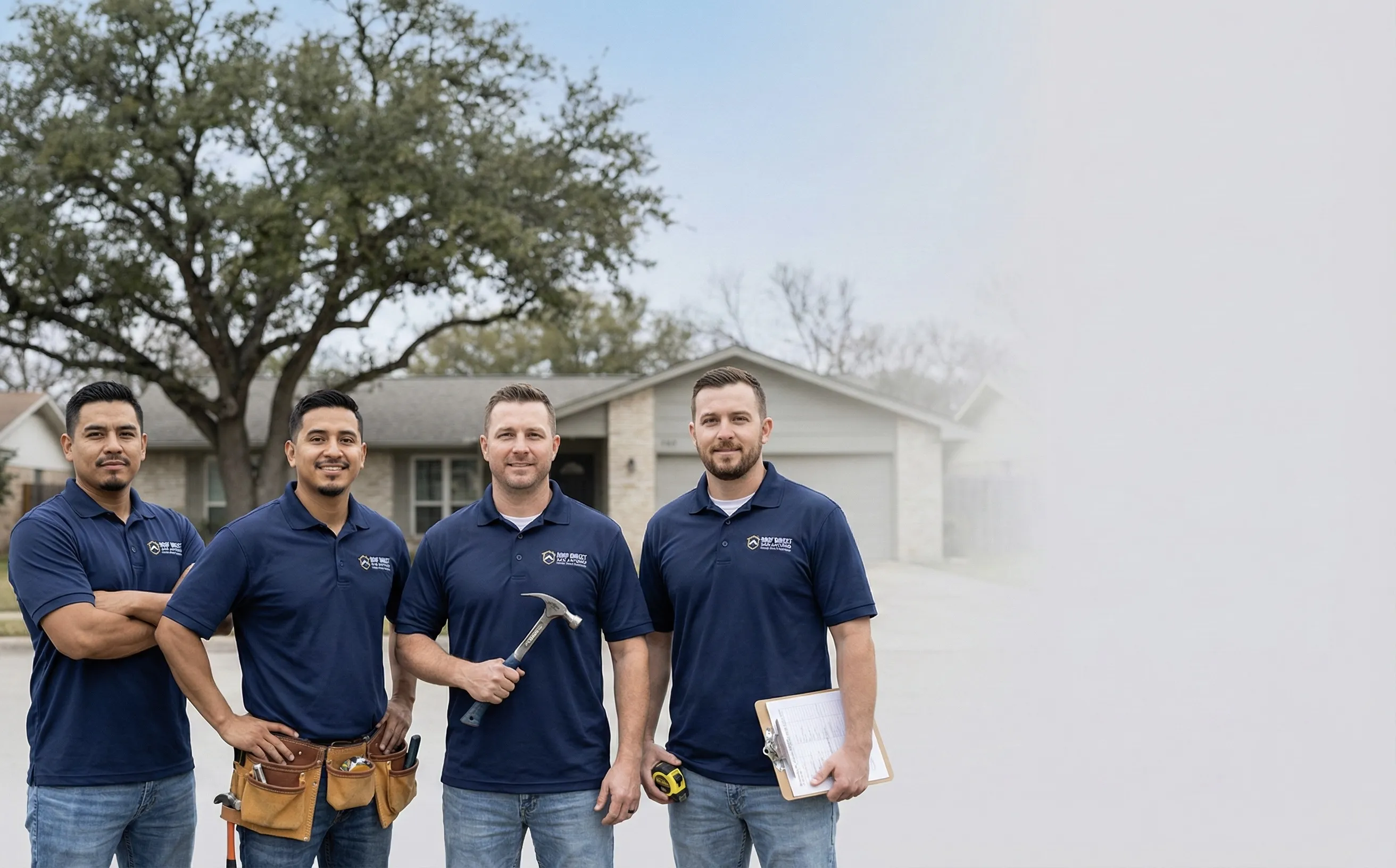 Roof Direct San Antonio roofing crew team members in navy blue uniforms ready to work on local homes
