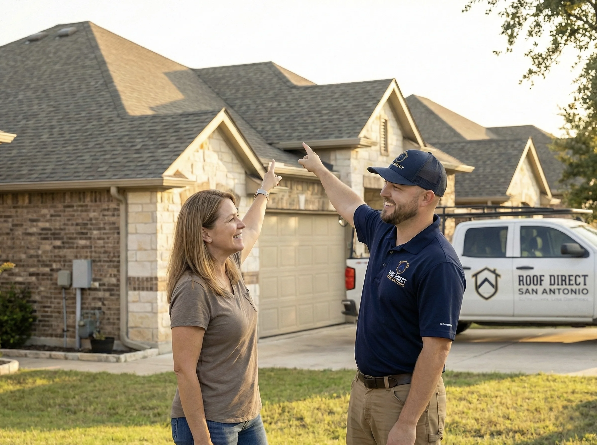 Roof Direct SA team consulting with a San Antonio homeowner about their roof replacement