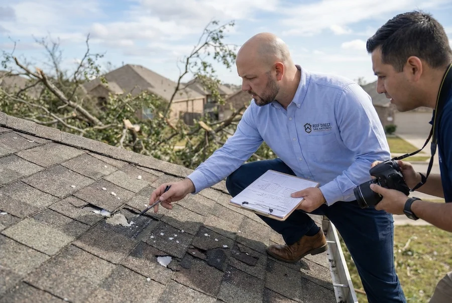 Roof Direct San Antonio inspector documenting hail damage on roof shingles for insurance claim
