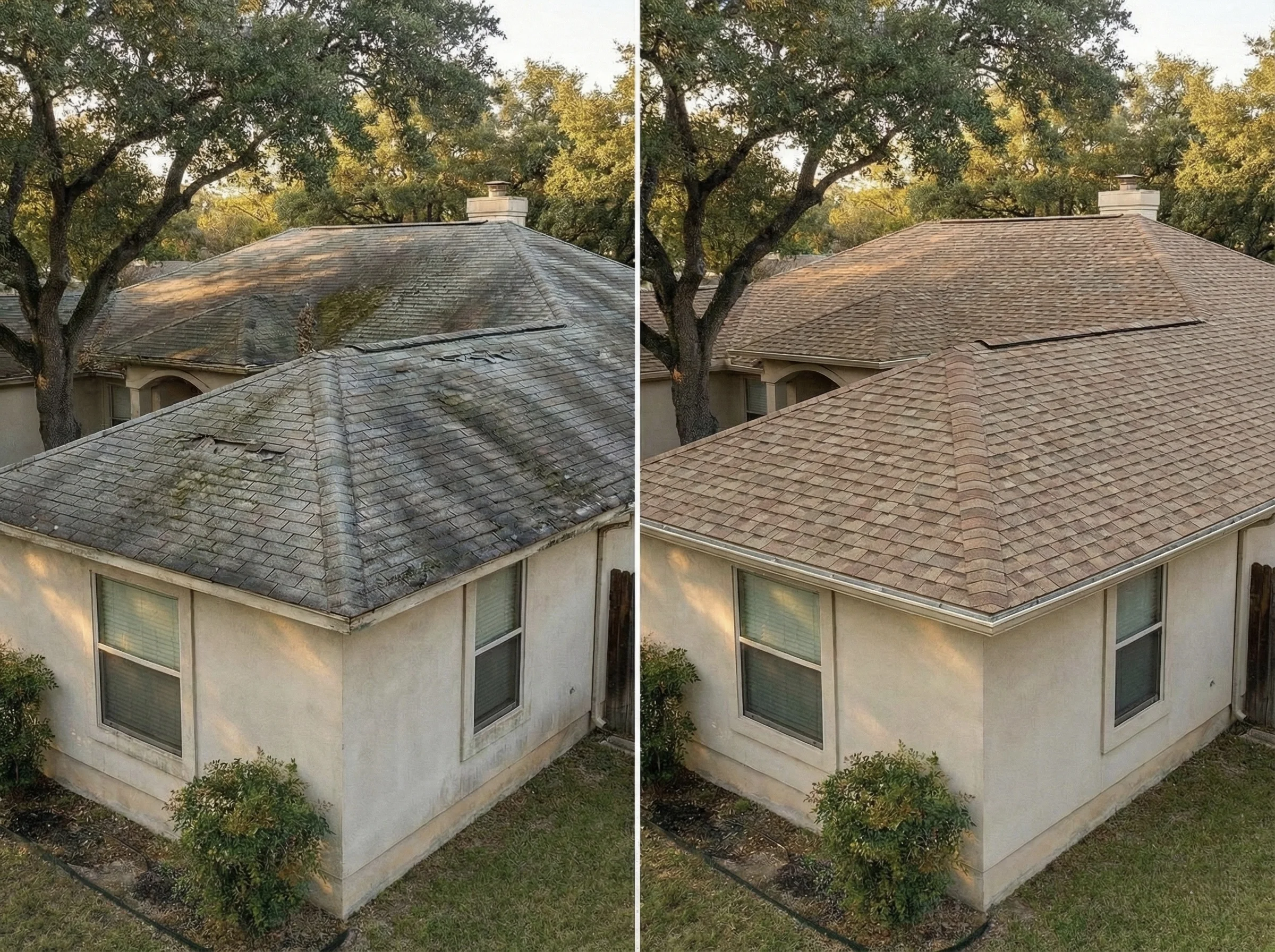 Before and after roof replacement in New Braunfels